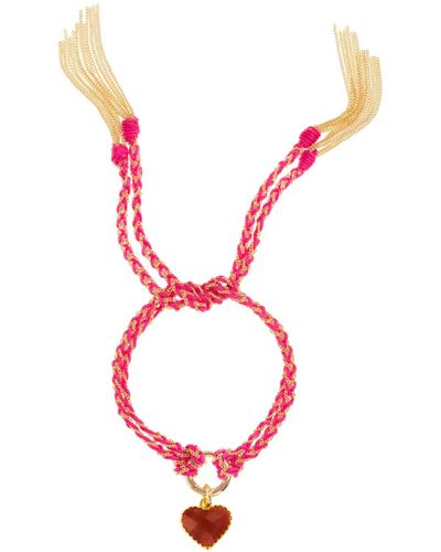 Patroula Jewellery Fuchsia Silk And Gold Chain Red Quartz Heart Friendship Bracelet