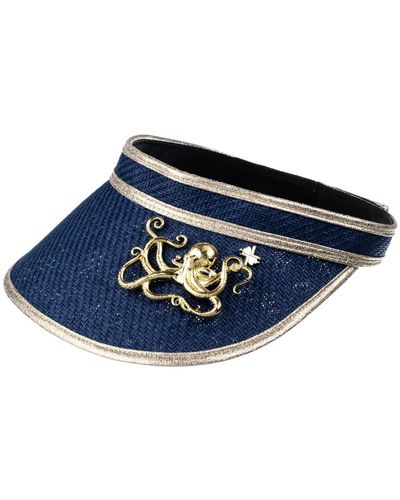 Laines London Straw Woven Visor With Gold Metal Octopus Brooch - Blue