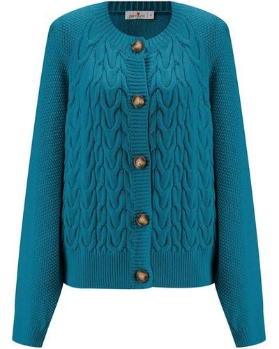 Peraluna May Cardigan Cable Knit Balloon Sleeve In Turquoise - Blue