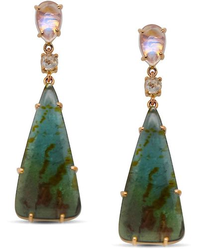 Trésor Green Tourmaline Rectangle Rainbow Moonstone And Diamond Earring In 18k Yellow - Metallic