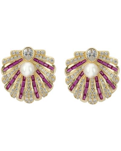LÁTELITA London Art Deco Scallop Shell Earrings Ruby Red With Pearl Gold - Pink