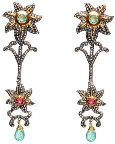 Artisan Emerald Tourmaline Pave Diamond Floral Dangle Earrings 18k Gold 925 Silver Jewelry - White