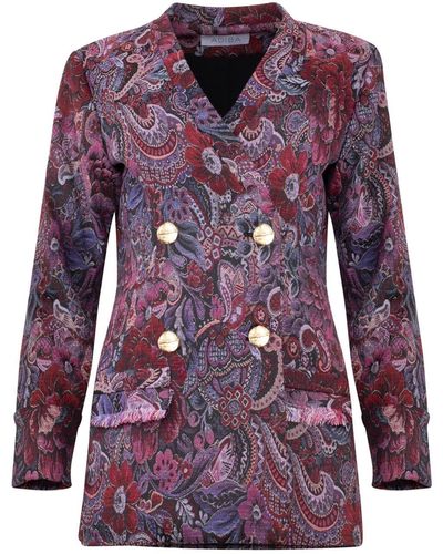 ADIBA Jacquard Floral Double Breasted Fitted Long Blazer - Purple