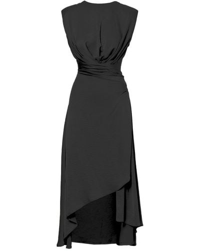 BLUZAT Midi Dress With Oversized Shoulders And Asymmetrical Slit - Black