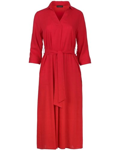 Conquista Linen Style Midi Dress With Belt - Red