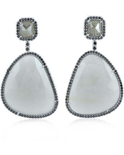 Artisan 18k White Gold In Prong Black Diamond & Moonstone Gemstone Dangle Earrings - Grey