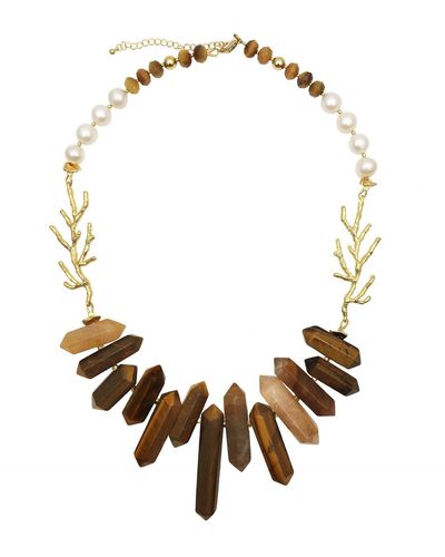 Farra Tiger Eye Stone With Branch Charm Statement Necklace - Brown
