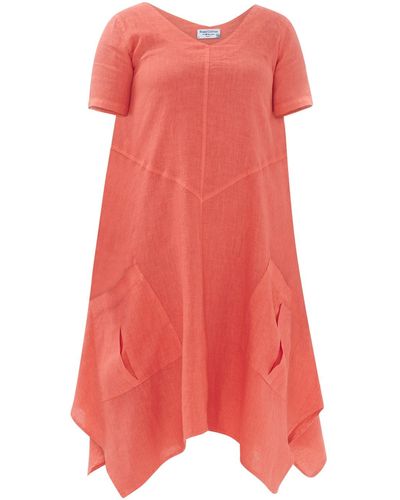 Haris Cotton Solid Asymmetrical Hem Linen Dress With Front Pockets - Red