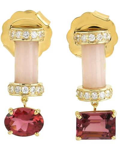 Artisan Tourmaline & Opal With Diamond In 14k Yellow Gold Stud Earrings - Metallic