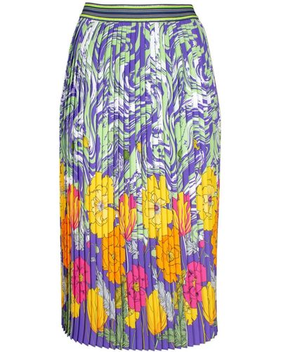 Lalipop Design Pleated Midi Skirt With Abstract Liquid & Flower Pattern - Blue