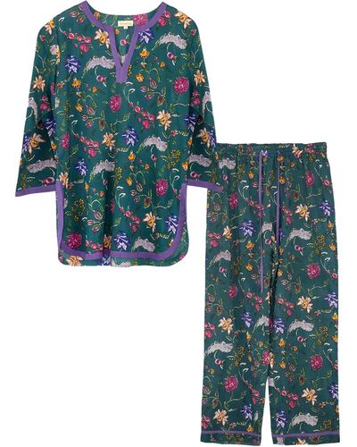 Inara Indian Cotton Lavender Fields Print Pajama Set - Green