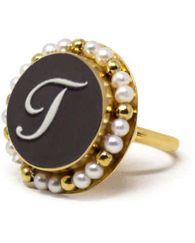 Vintouch Italy Gold Vermeil Black Cameo Pearl Ring Initial T - Metallic