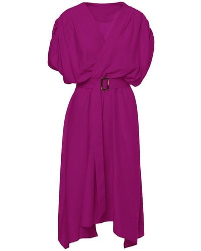BLUZAT Fuchsia Linen Midi Dress With Belt - Purple