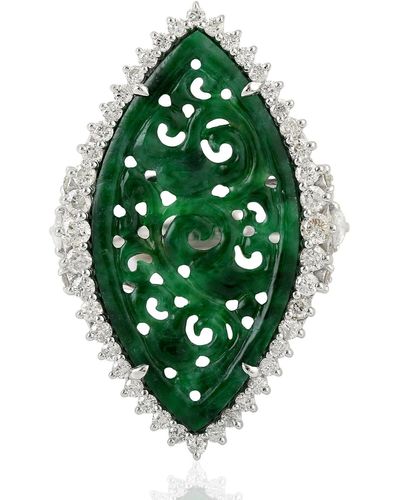 Artisan 18k White Gold Flower Carving Jade Diamond Cluster Ring - Green
