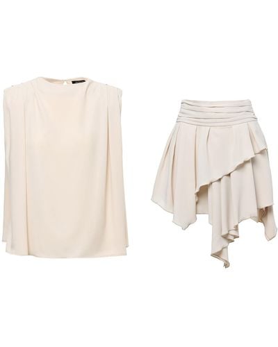BLUZAT Neutrals Matching Set With Draped Top And Asymmetrical Skirt - Natural