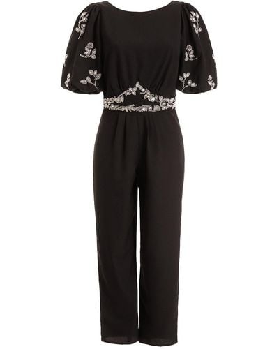 Hope & Ivy The Romilie Embellished Plunge Back Jumpsuit With Blouson Sleeve - Black