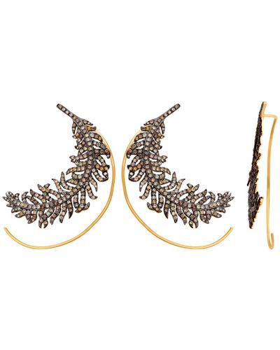 Artisan Natural Diamond Feather Design Cuff Earrings 18k Yellow Gold Jewelry - Metallic