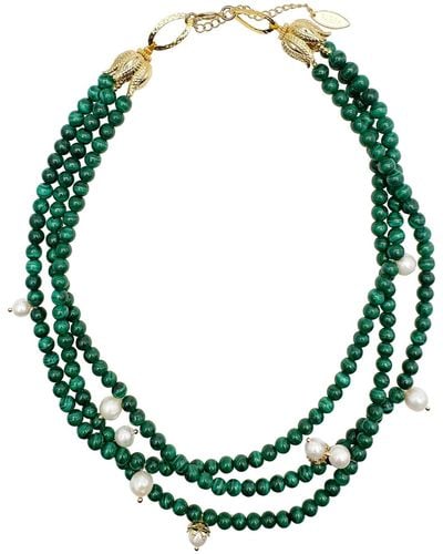 Farra Malachite & Freshwater Pearls Triple Strands Necklace - Green