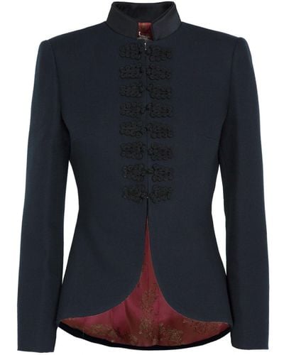 The Extreme Collection Embroidered Fitted Cotton And Linen Blazer With Mao Collar Jasper - Blue