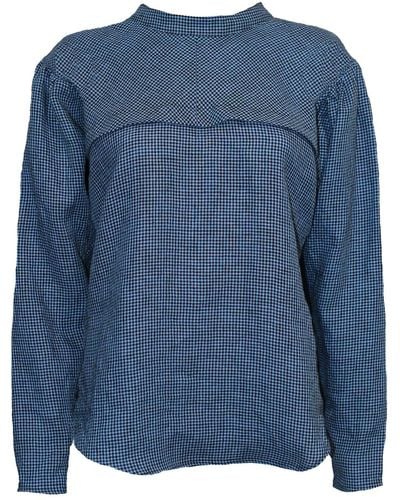 Joeleen Torvick Carmen Blouse With Gathered Puff Sleeve In Gingham Check Linen - Blue