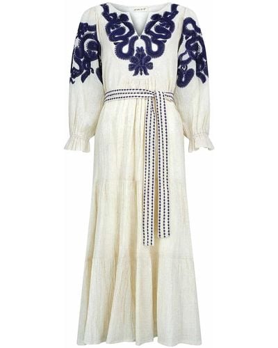 East Dolly Ecru Cotton Embroidered Dress - Blue