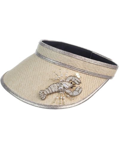 Laines London Straw Woven Visor With Beaded Lobster Brooch - White