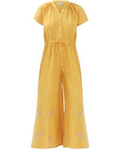 Haris Cotton Wide Leg Halter Jumpsuit With Embroidered Details - Yellow