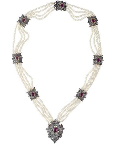 Artisan Diamond Pearl Ruby Designer Necklace Gold Sterling Silver Handmade Jewellery - Metallic