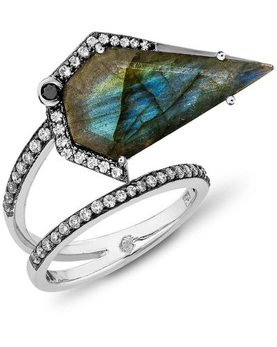 SALLY SKOUFIS Blade Ring With Natural Black Diamond & Labradorite In Platinum - Green