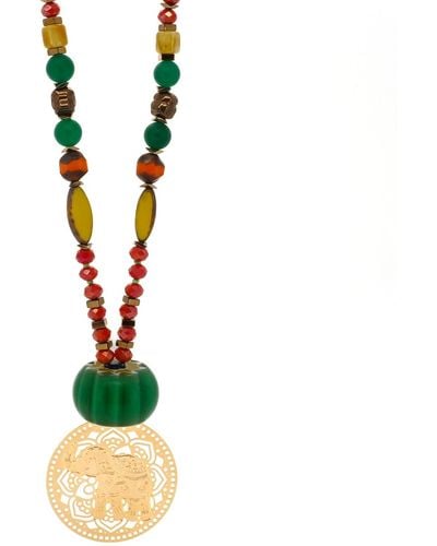 Ebru Jewelry Colorful African Beaded Filigree Gold Elephant Pendant Necklace - Multicolour
