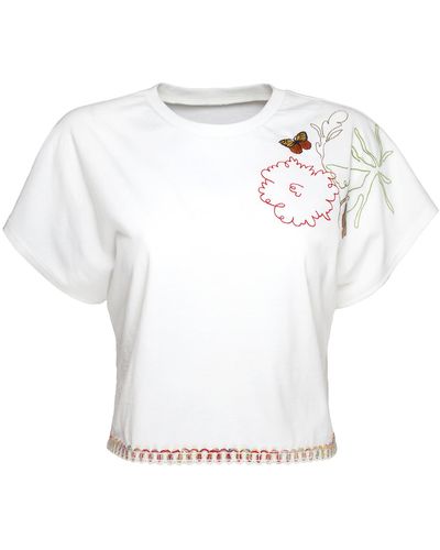 Lalipop Design Embroidered Cropped Cotton T-shirt - White