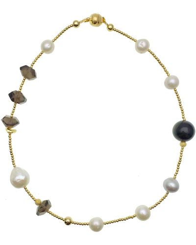 Farra Freshwater Pearls With Black Tiger Eye & Smoky Quartz Double Wrapped Bracelet - White