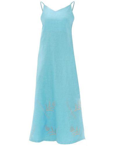 Haris Cotton Embroided Tank Linen Dress With Split Hem - Blue