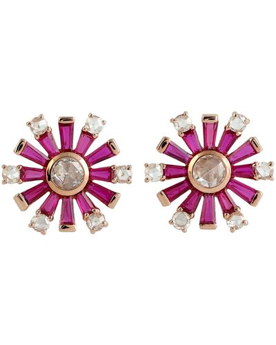 Artisan Baguette Ruby & Diamond Stud Earrings In 18k Rose Gold - Pink