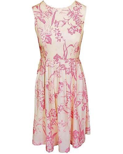 Haris Cotton Printed Linen Blend Sleeveless Knee High Dress With Pleats - Pink
