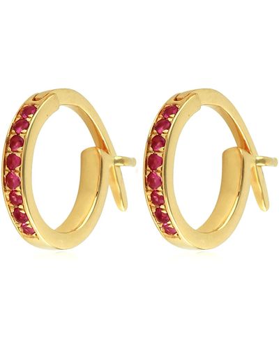 Artisan 10k Yellow Gold With Pave Natural Ruby huggies Earrings Jewellery - Metallic