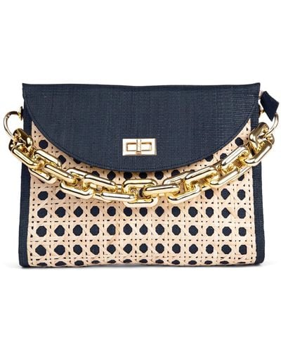 Soli & Sun The Soleil Black Rattan Woven Clutch With Large Gold Chain - Blue
