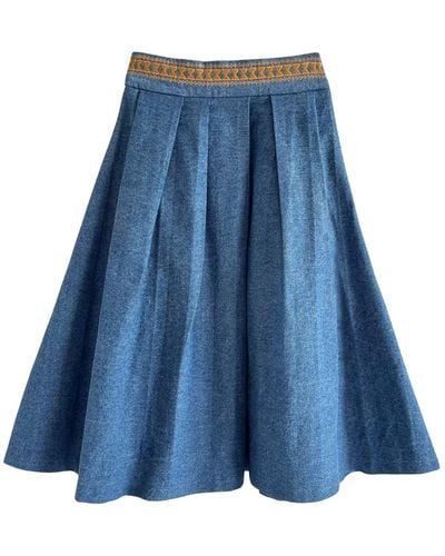 L2R THE LABEL Embroidered Full Midi Skirt In Denim - Blue