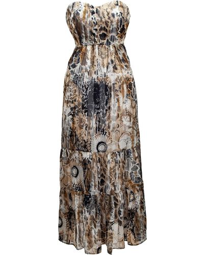 Smart and Joy Neutrals Bustier Chiffon Maxi Dress With Abstract Floral Print - Multicolour