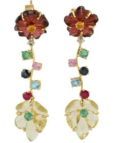 Artisan 18k Yellow Gold Garnet Quartz Sapphire Ruby Flower Dangle Earrings Jewelry - Green