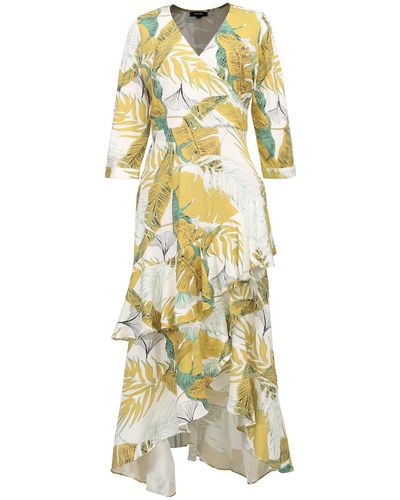 Smart and Joy Tropical Print Frilled Midi Dress With Cross Bust - Yellow