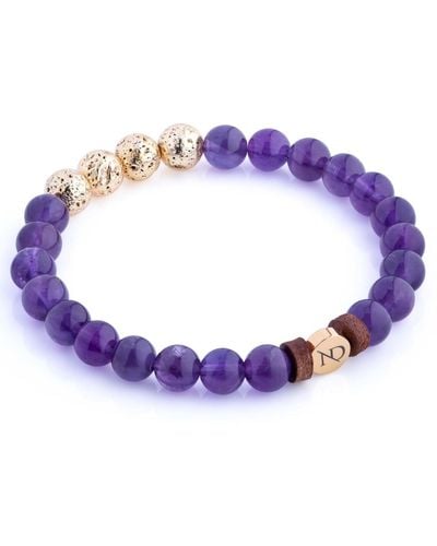 N'damus London Leather, Purple Amethyst & Gold Gemstone Beaded Bracelet