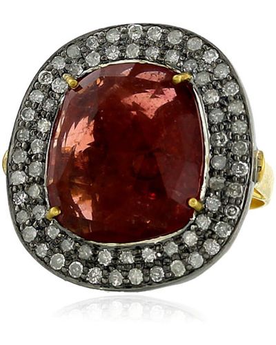 Artisan 18k Gold Tourmaline Diamond 925 Sterling Silver High Fashion Ring - Red