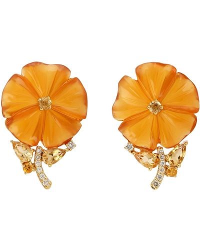 Artisan 18k Gold In Mix Stone & Pear Citrine With Pave Diamond Loviver Flower Stud Earring - Orange