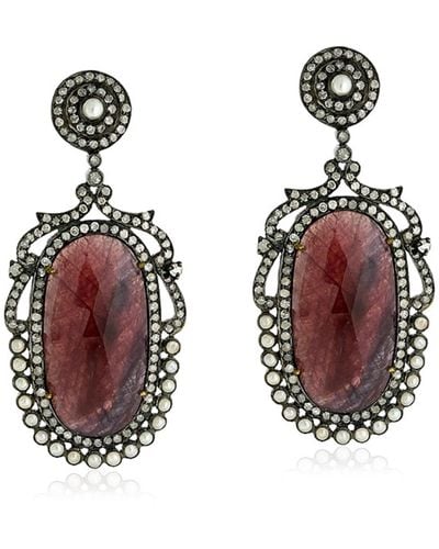 Artisan Diamond Gemstone 18k Gold 925 Sterling Silver Dangle Earrings Jewelry - Red