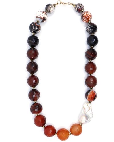 Shar Oke Faceted Agates & Freshwater Baroque Pearl Beaded Necklace - Red