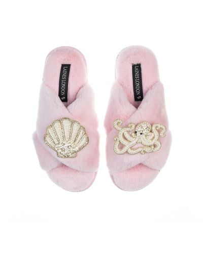 Laines London Classic Laines Slippers With Pearl Beaded Octopus & Shell Brooches - Pink