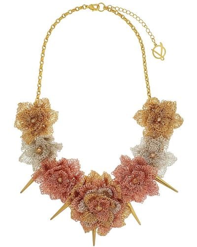 Lavish by Tricia Milaneze Trio Gold Rose Spike Handmade Crochet Necklace - Brown
