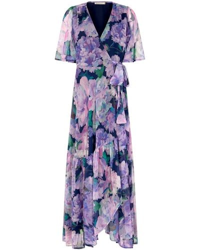 Hope & Ivy The Adele Flutter Sleeve Maxi Wrap Dress With Tie Waist - Purple