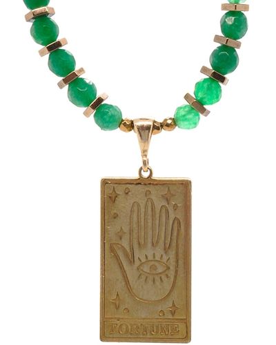 Ebru Jewelry Tarot Good Fortune Gold Pendant Jade Beaded Necklace - Green